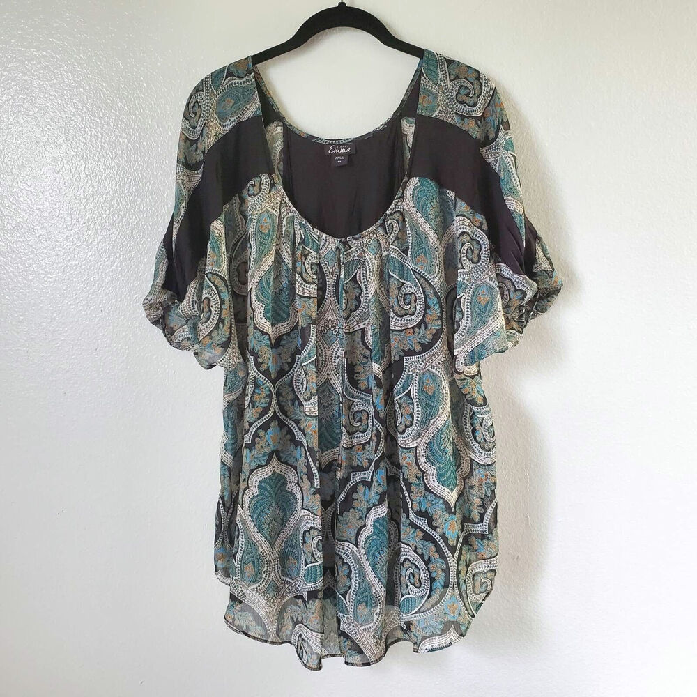 Simply Emma Womens 2X Tunic Top Black Blue Floral SS Layered Stretch Sheer Boho